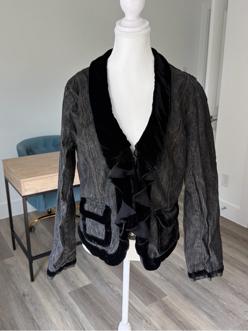 Black Velvet-Trim Ruffle Jacket - Women